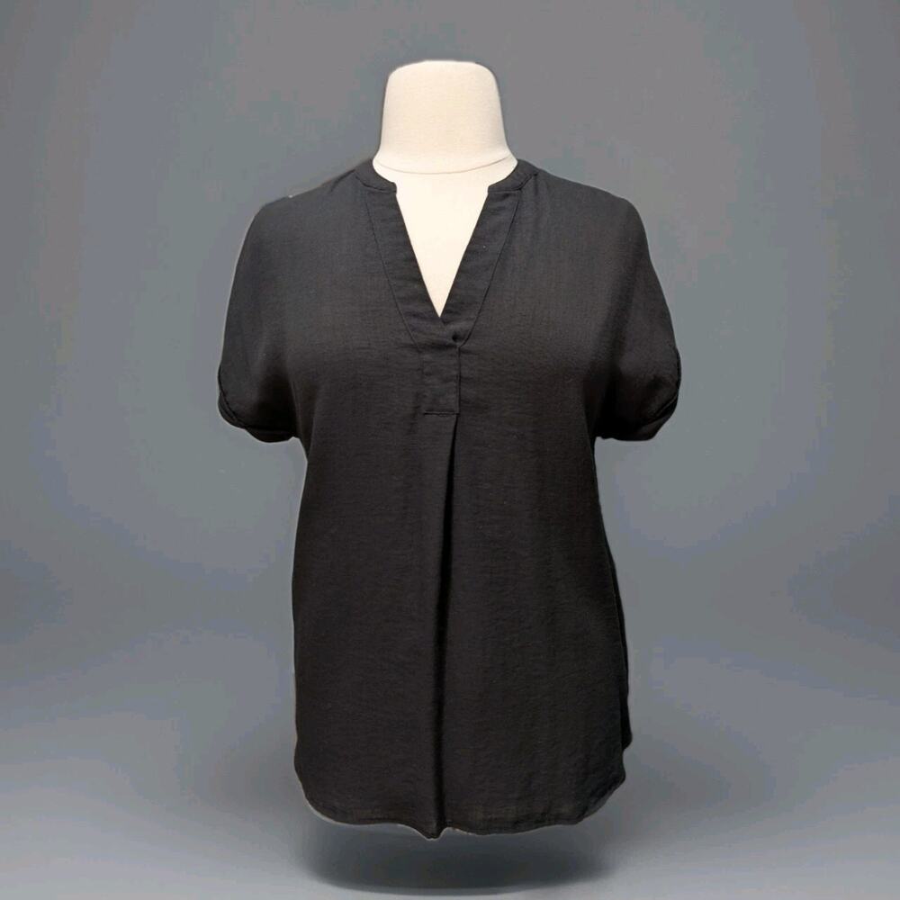 RACHEL Rachel Roy Blouse Black V Neck Cap Sleeve Large Curved Round Hem